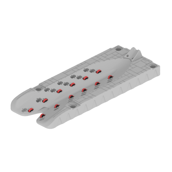 3D-rendered image of the Poly Lift Wave Armor SLX5, a gray rectangular part with curved ends, multiple holes, red accents, a gridded surface, mounting points, and user-friendly SLX Series ports.
