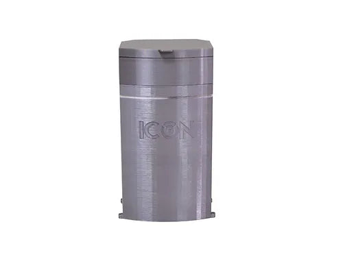 A gray, cylindrical Poly Lift ICON 1 container with a flat lid and ICON embossed on the front, inspired by lift controller engineering, is shown against a white background.