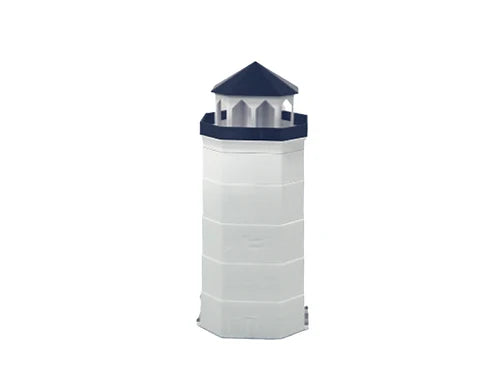 The ICON 1 (1 outlet / hose) by Poly Lift features a white lighthouse design with a hexagonal dark roof and open windows near the top, evoking around-the-clock monitoring, shown against a plain white background.