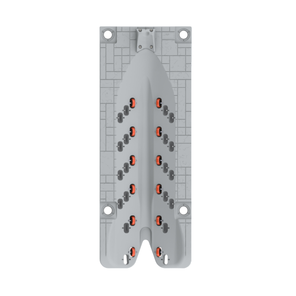 Top-down view of the Poly Lift Wave Armor SLX5, a gray rectangular plastic platform with a textured, tile-like pattern. It has rows of small black and red components along the center, SLX Series ports for easy use, and two large holes near the bottom edge.