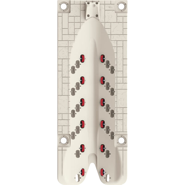 The Poly Lift Wave Armor SLX5 is a plastic rock climbing hold shaped like a rocket, set on a rectangular panel with a textured brick pattern and multiple red and black holds for hands and feet.