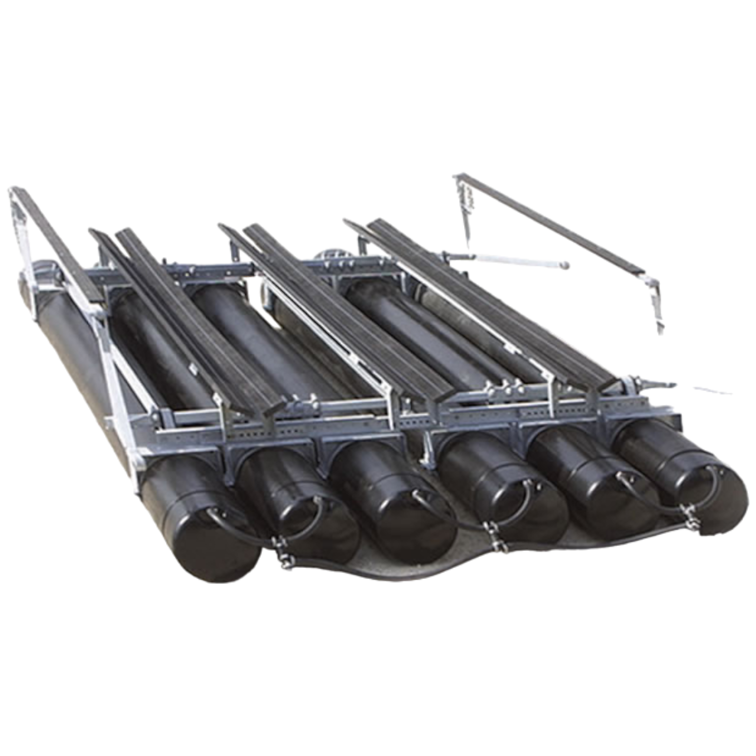 The Poly Lift ® 12PL by Poly Lift features four large black cylindrical pontoons attached to a metal frame with visible metal rails and support bars, forming a stable platform or floating dock structure.