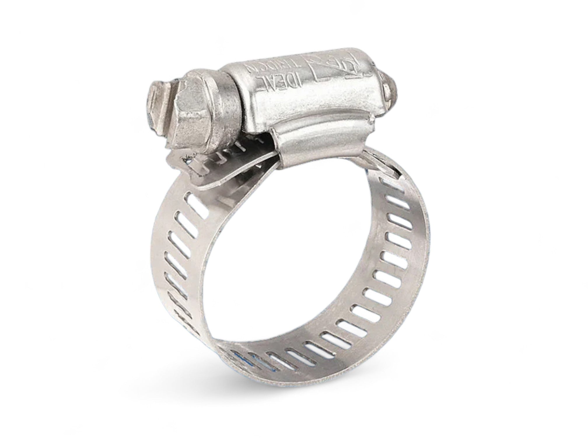 A close-up of a Polylift Hose Clamp, featuring a screw mechanism and slotted stainless band, ideal for securing 1” hoses onto fittings.