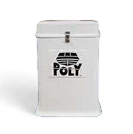 A white rectangular Manual Control Unit from Poly Lift with a latch on top and POLY in black letters beneath a black geometric logo on the front.