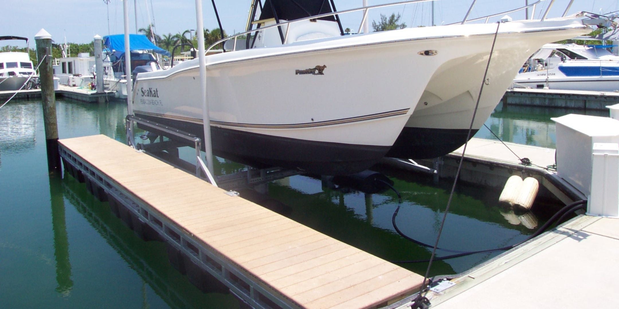 Side Photo of a SeaKat on a boat lift