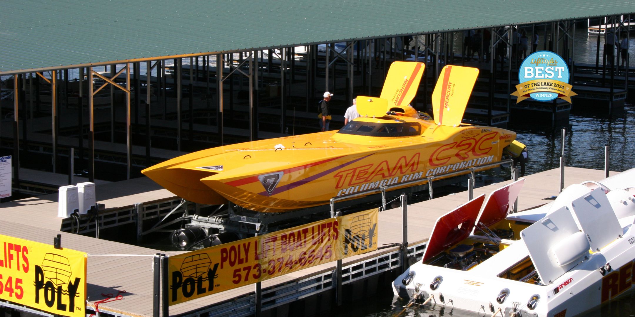 Side photo of a boat sitting on a PolyLift