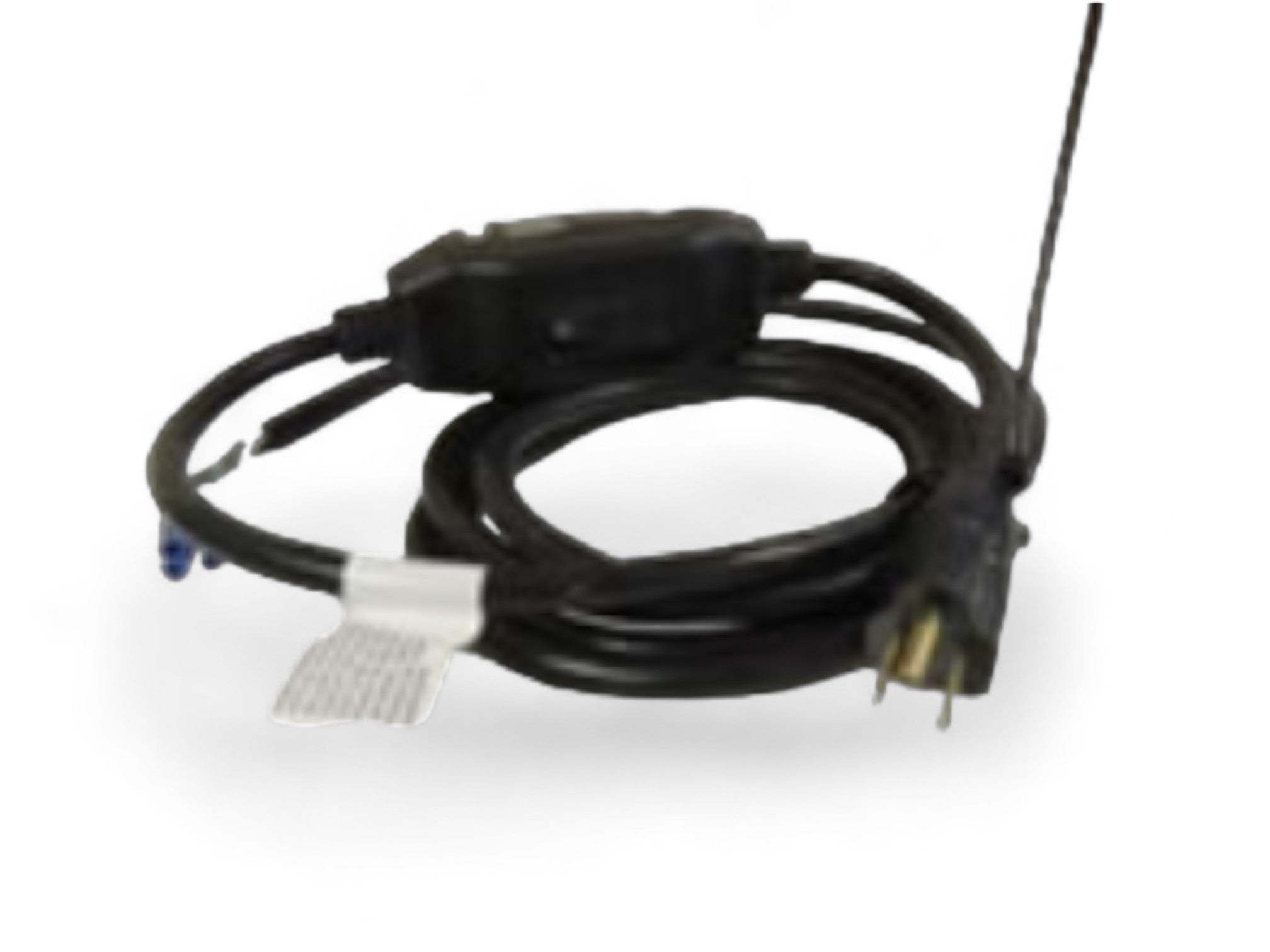 The Polylift Control Unit Replacement GFCI Cord is a coiled black 15amp cord with plug, inline switch/fuse box, white tag, and blue and black connectors at each end.