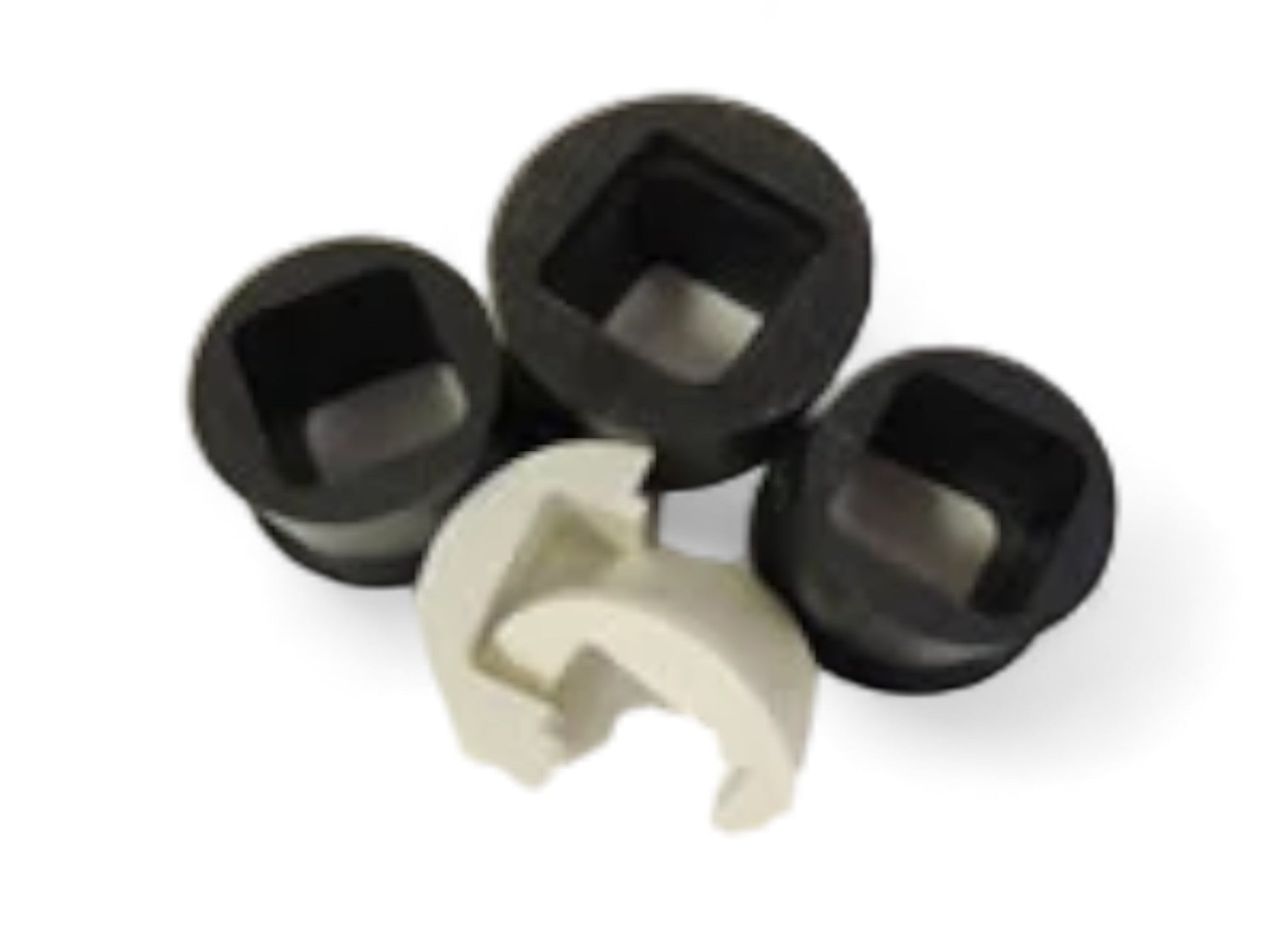 Three black Polylift Side Frame Bushings and one white semicircular plastic clip are arranged together on a white background.