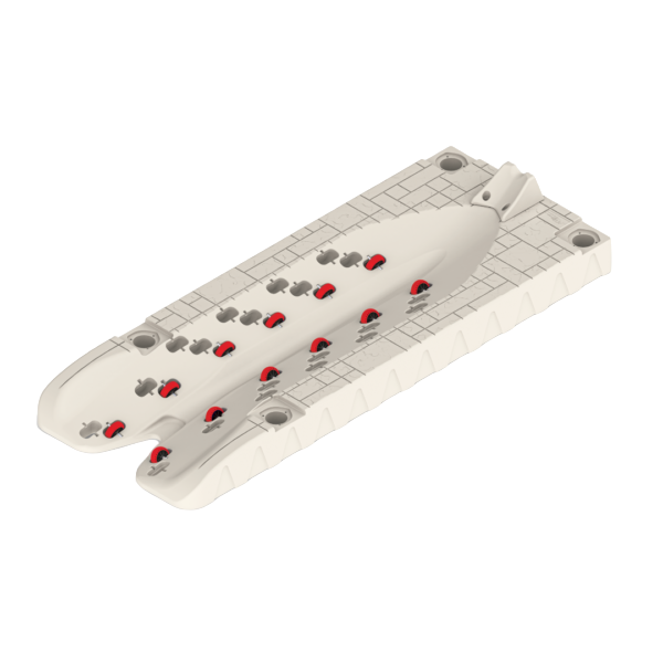 3D rendering of a beige Poly Lift Wave Armor SLX5 baseplate with studs and eight red pins inserted in various holes, demonstrating ease of use. The plate is angled slightly and features a grid pattern on the surface.