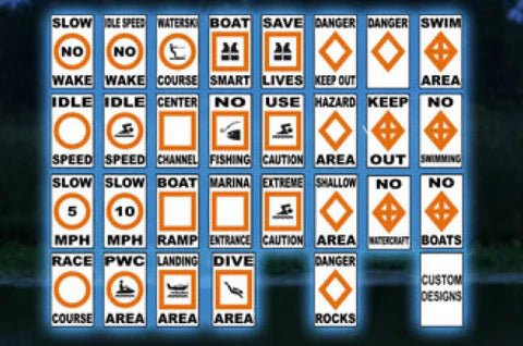 A grid of 30 Polylift Self Illuminating Buoy signs—orange and white, with reflective labels for night use—displaying messages like NO WAKE, IDLE SPEED, DANGER, SWIM AREA, KEEP OUT plus icons for boating, swimming, diving, fishing, and hazards.